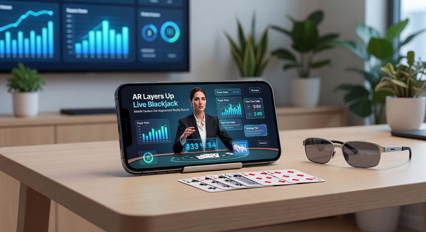 A mobile screen displaying a live blackjack dealer with AR overlays showing card values and betting options in real-time