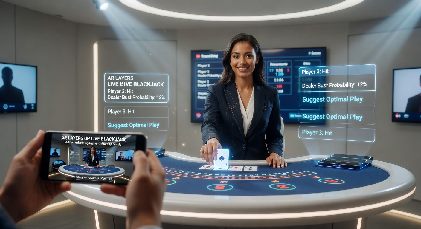 Close-up of a dealer wearing AR glasses during a mobile blackjack session, with digital overlays visible on her display showing player bets and game stats