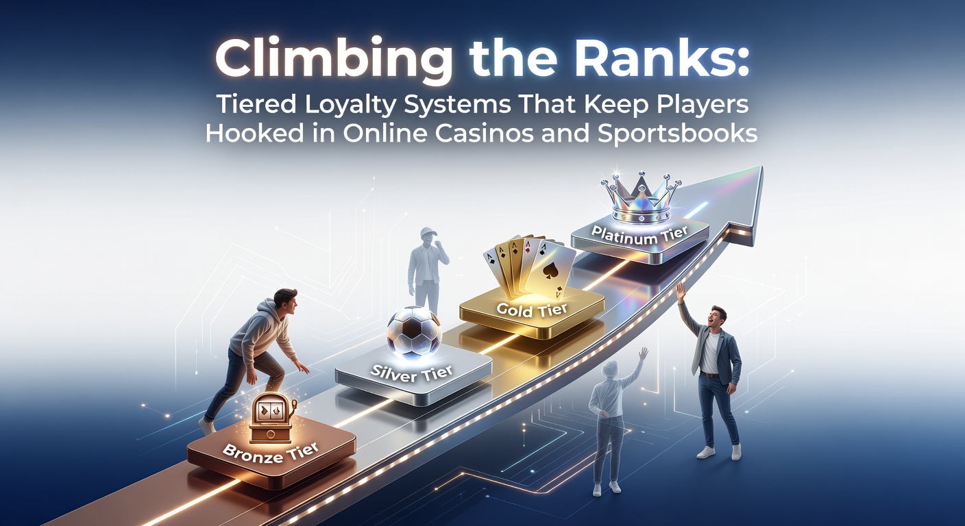 Illustration of a player advancing through loyalty tiers on a digital ladder in an online casino interface, with glowing badges for bronze, silver, and gold levels