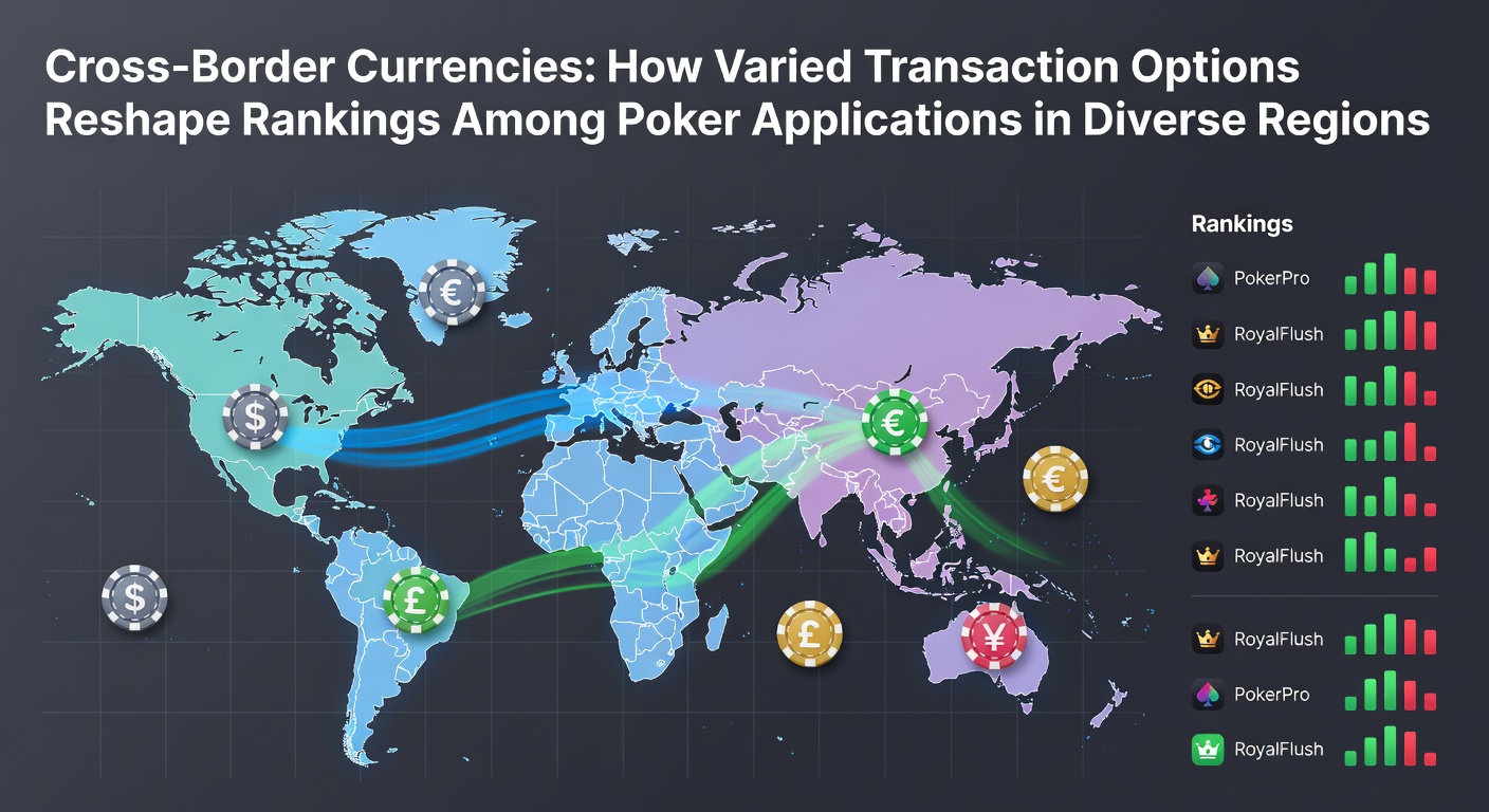 Cross-border currency flows and transaction interfaces displayed across multiple poker applications in different regions