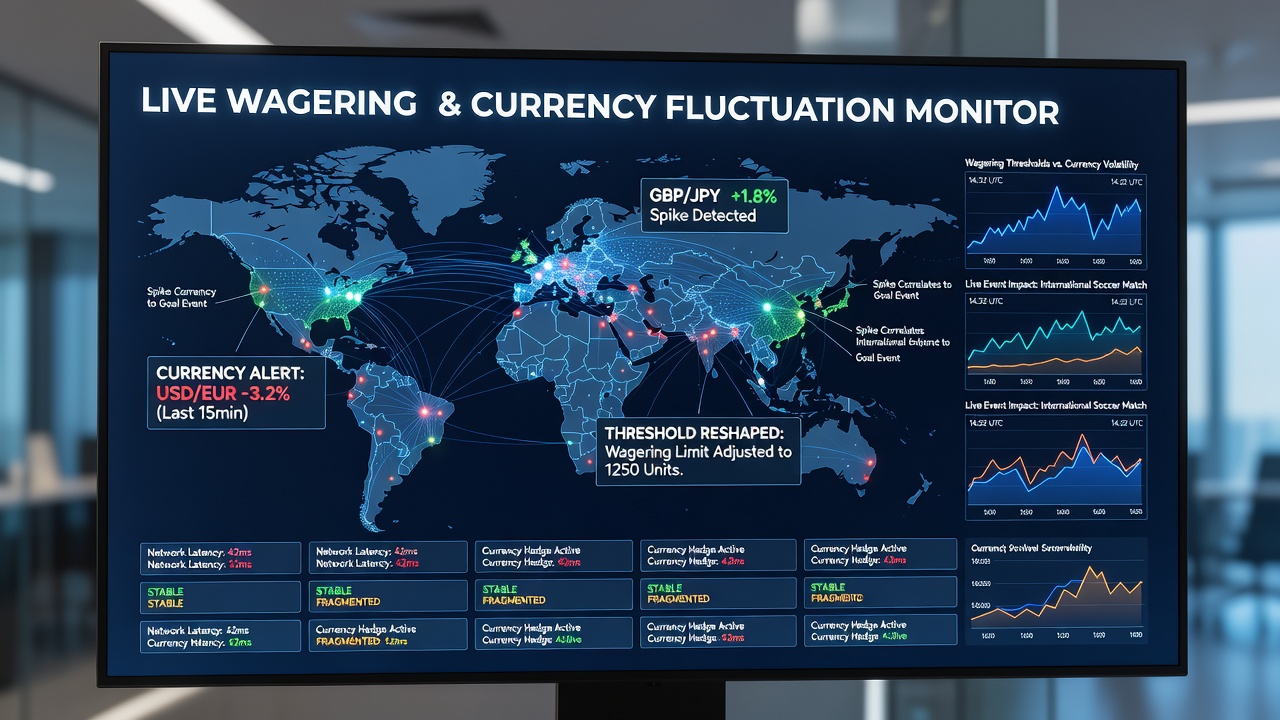 Betting interface showing real-time currency fluctuation alerts adjusting wagering thresholds during a live international sports event