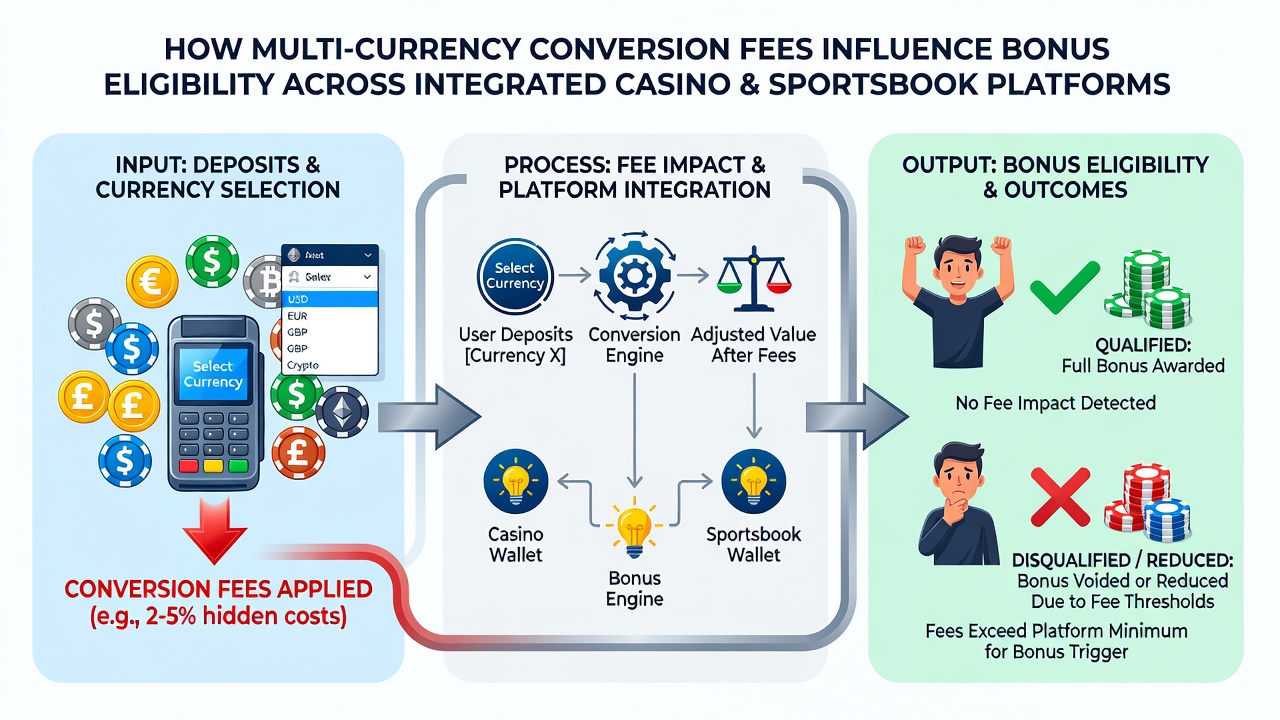 Diagram showing how conversion fees reduce eligible deposit amounts for bonuses in integrated gaming platforms