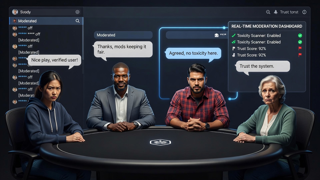 Global time zone map overlaid on poker table activity highlighting moderation coverage