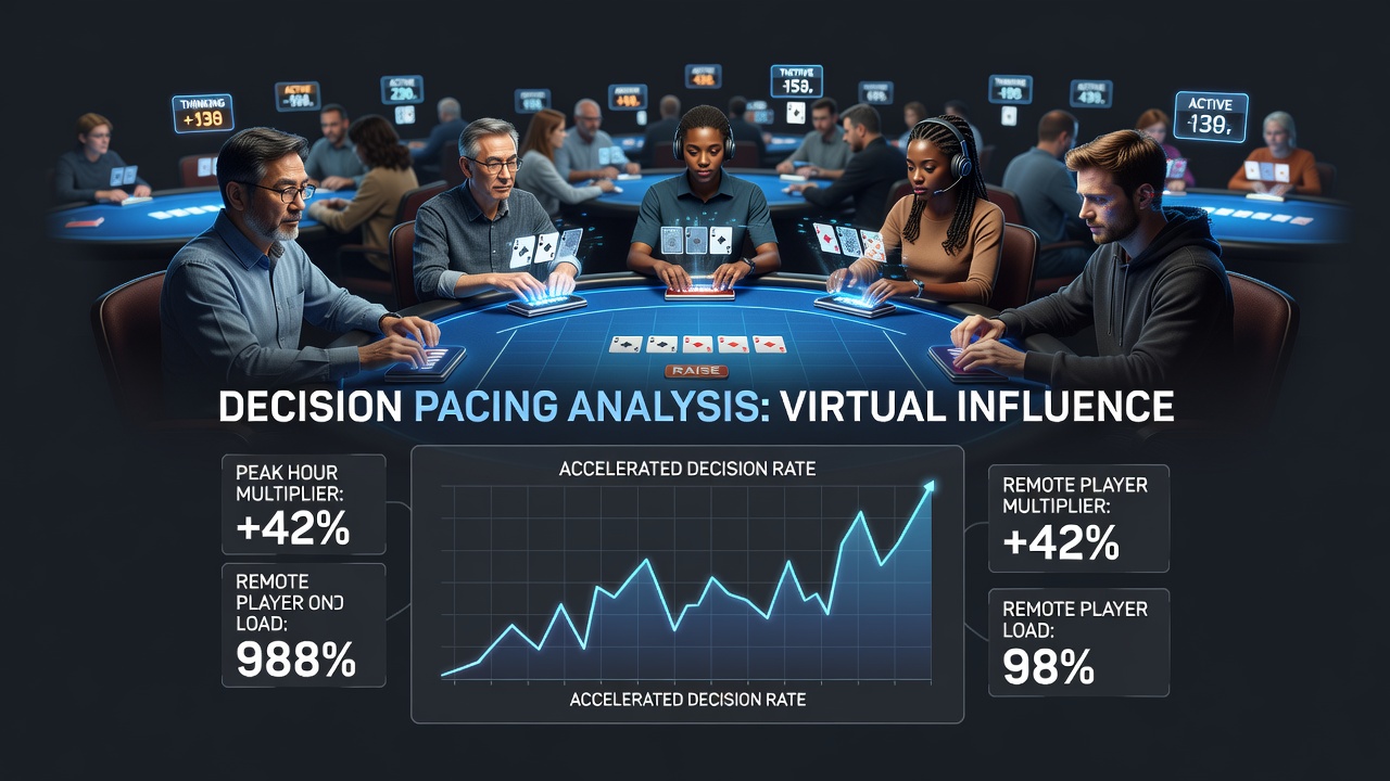 Virtual poker interface showing multiple remote card room tables during high-traffic evening sessions