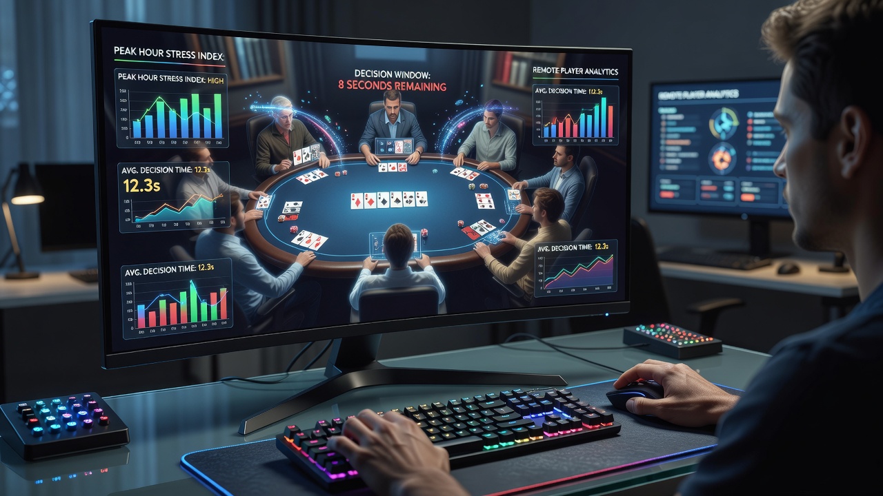 Split view of remote card room dashboard highlighting latency indicators and active decision timers
