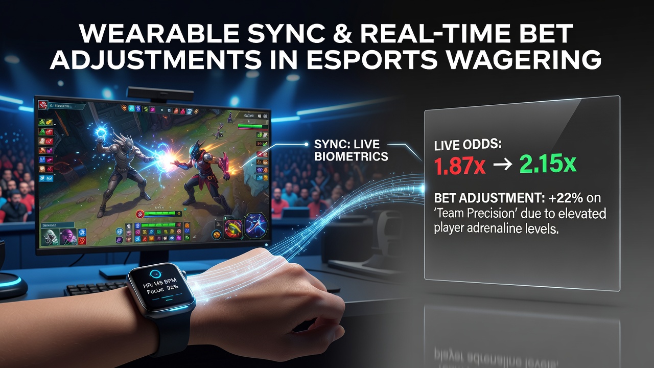 Wearable fitness trackers syncing biometric data with an esports betting app interface on a smartphone screen