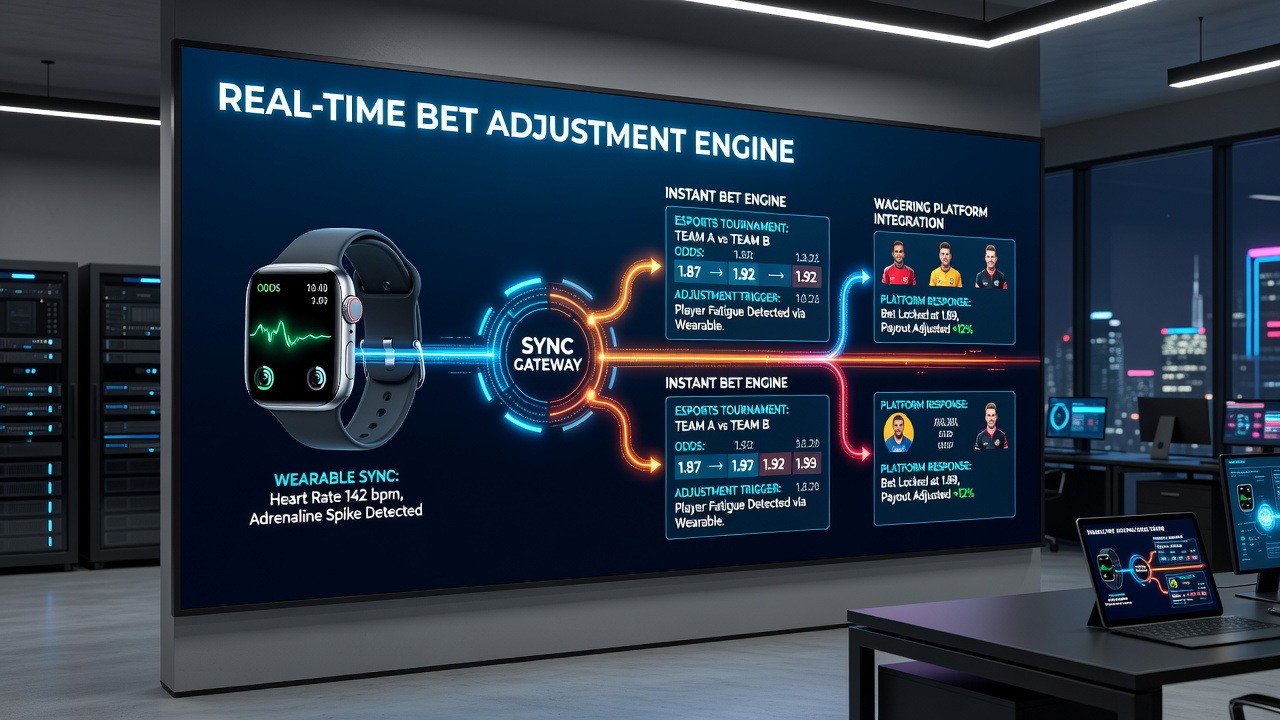 Close-up of smartwatch displaying heart rate data overlaid on an esports match betting screen