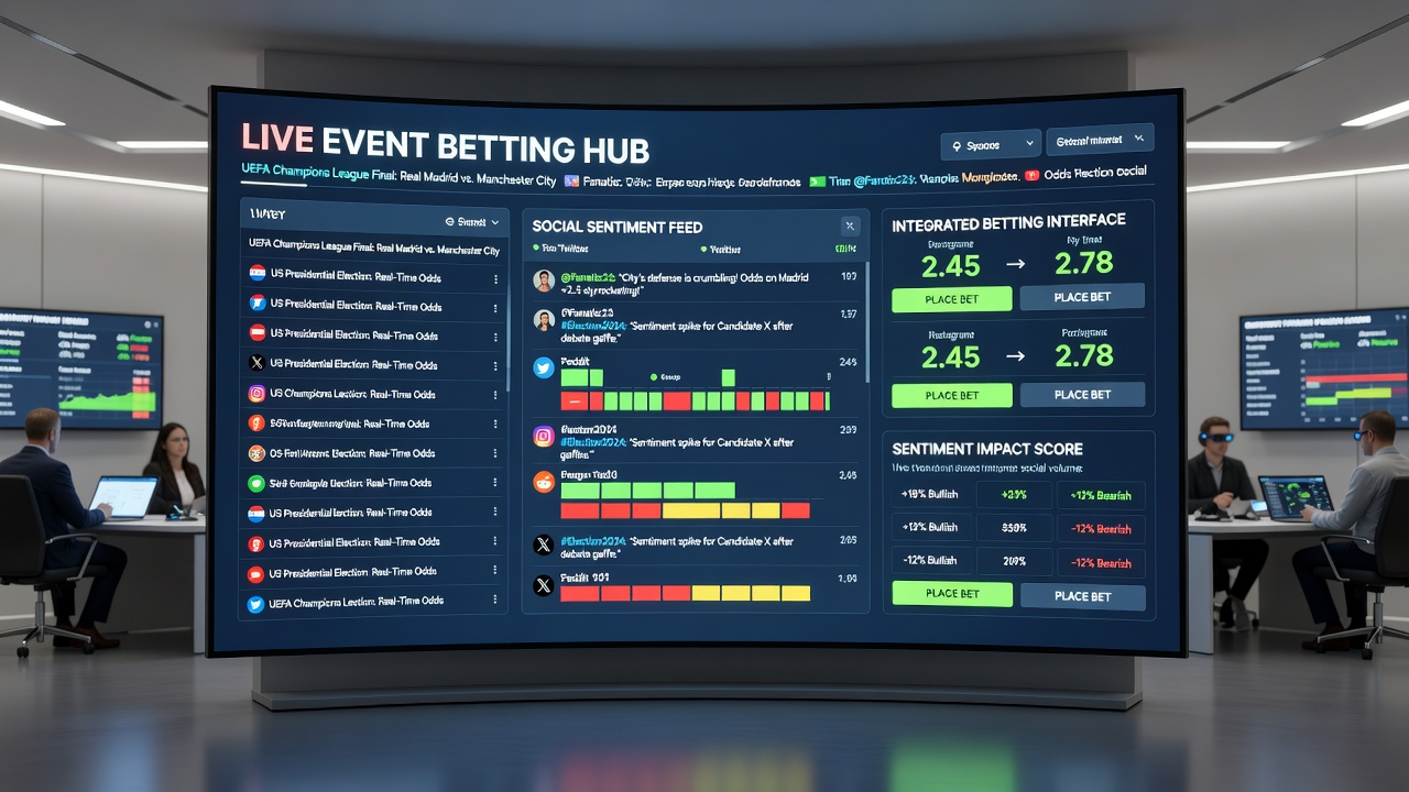 Mobile interface screenshot with live sentiment meter next to real-time odds for an ongoing international event