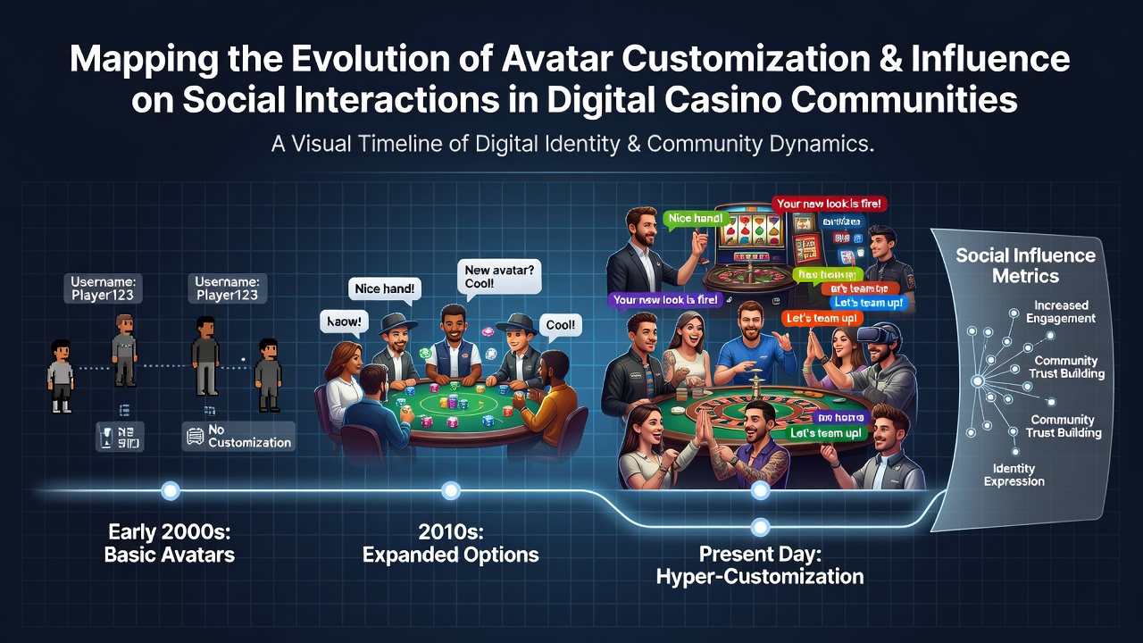 Illustration showing early pixelated casino avatars evolving into detailed 3D characters with custom outfits and accessories in digital gaming environments