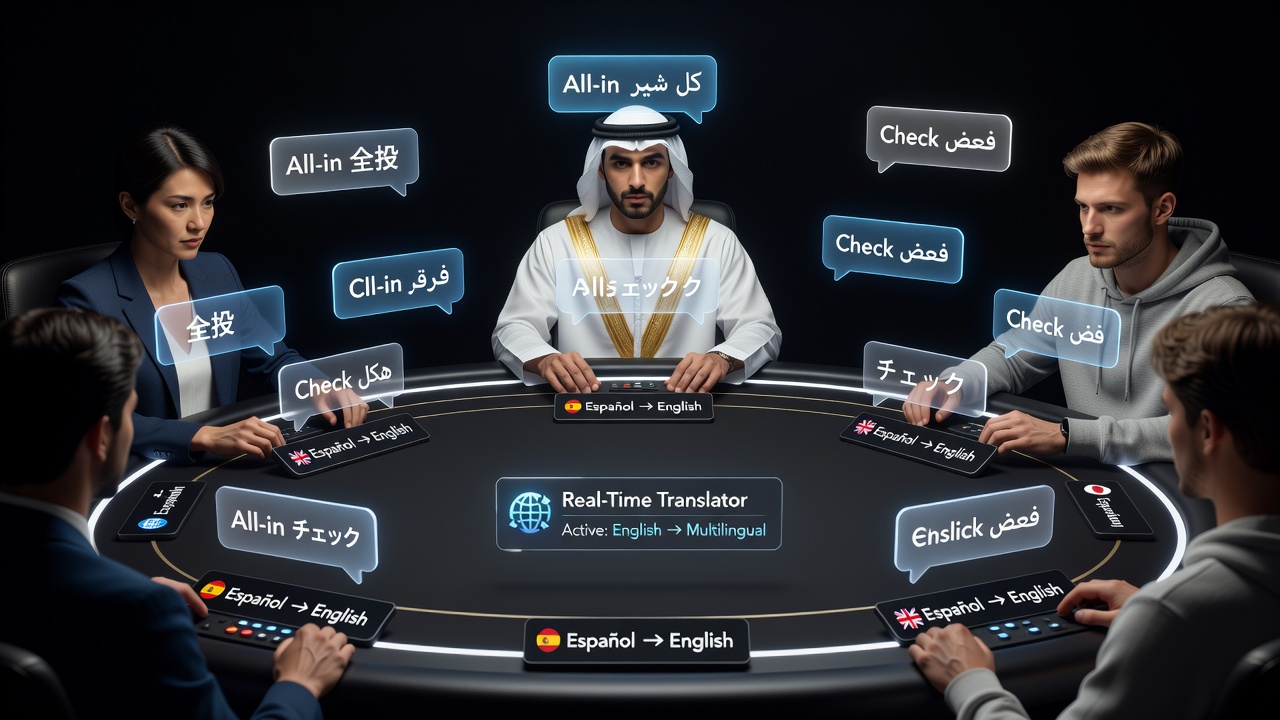 Players from different countries participating in a translated online poker tournament with live chat overlays