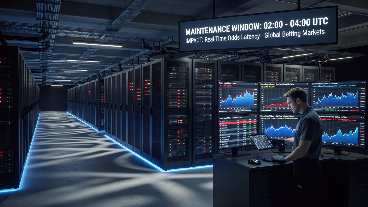 Network diagrams illustrating data flow interruptions during server maintenance in global betting systems