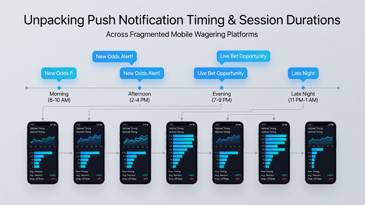 Mobile wagering app interface showing push notification settings and session analytics dashboard
